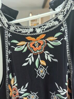 Black Embroidered Floral Tank dress- Orange & Green Detail